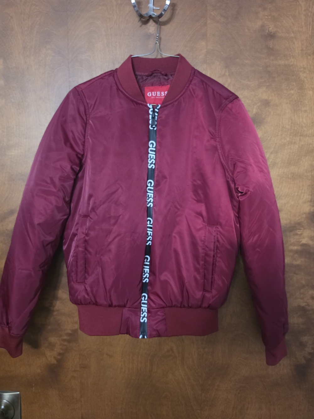 GUESS Womens Wine Red Bomber Jacket with Branded Zip Tape